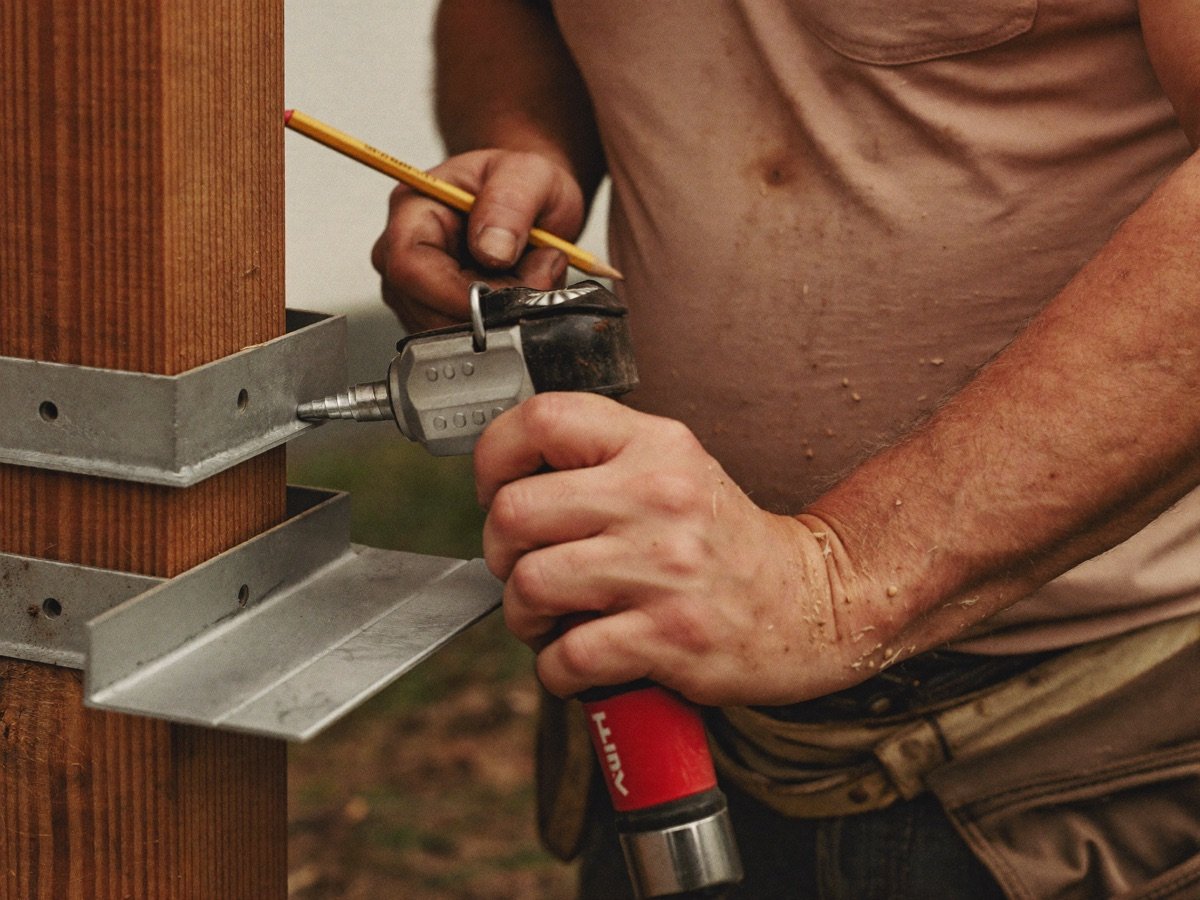 Carpenter fixing a joist hanger