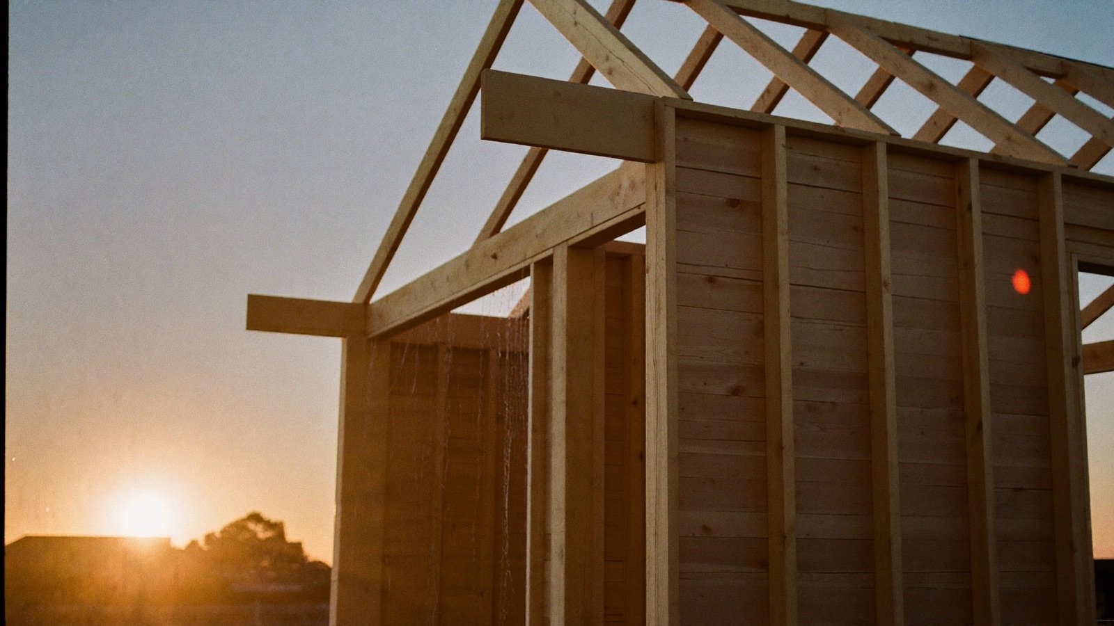 Timber house frame at sunset